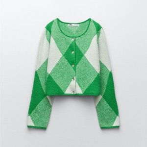 Zara green white argile plaid crop cardigan sweater